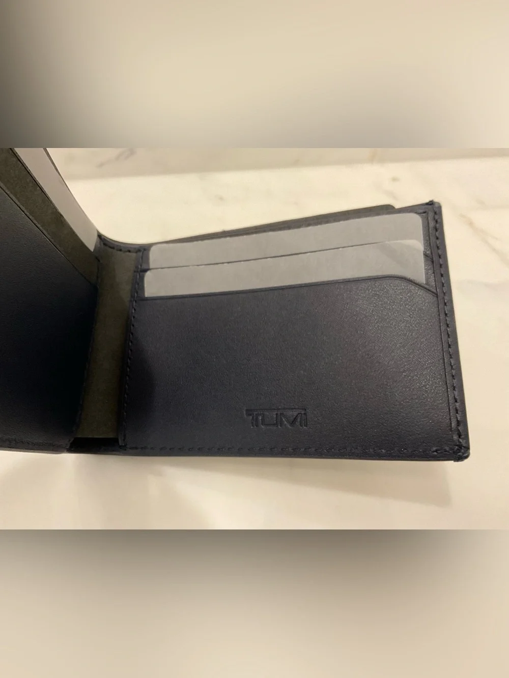 NEW Tumi Embossed “T” Slim Single Billfold Wallet - 100% NAVY BLUE LEATHER